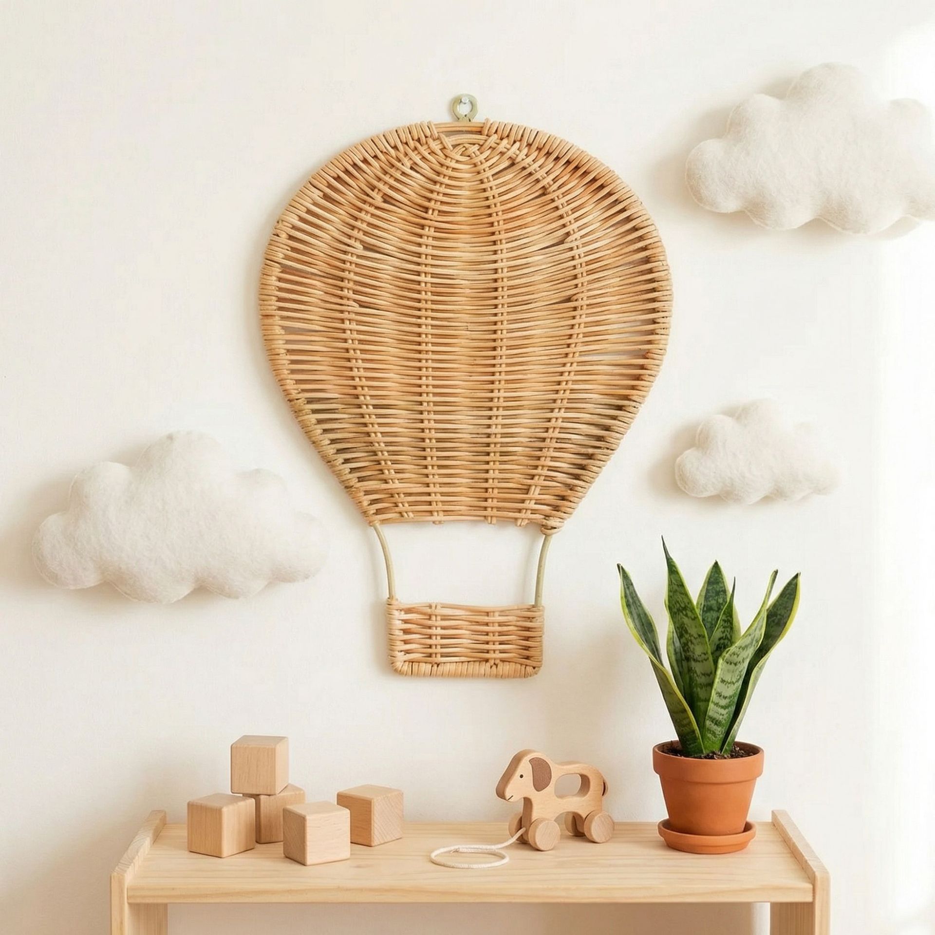 Baby Nursery Hot Air Balloon - 手作りラタン製熱気球ウォールハンギング、子供部屋保育園装飾、ボヘミアンベビー写真撮影用小道具、木製吊り下げ飾り