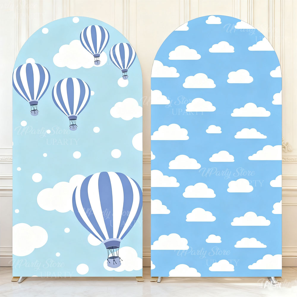 Baby Nursery Hot Air Balloon - 熱気球背景アーチカバー スパンデックス 青白雲 熱気球スタンドカバー ベビーシャワー 誕生日パーティー装飾用