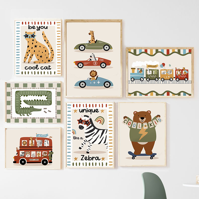 Baby Nursery Posters - 面白い漫画の動物、車、バス、保育園の壁飾り、キャンバス絵画、ヒョウ、クマ、シマウマのポスター＆プリント、赤ちゃん子供部屋の装飾