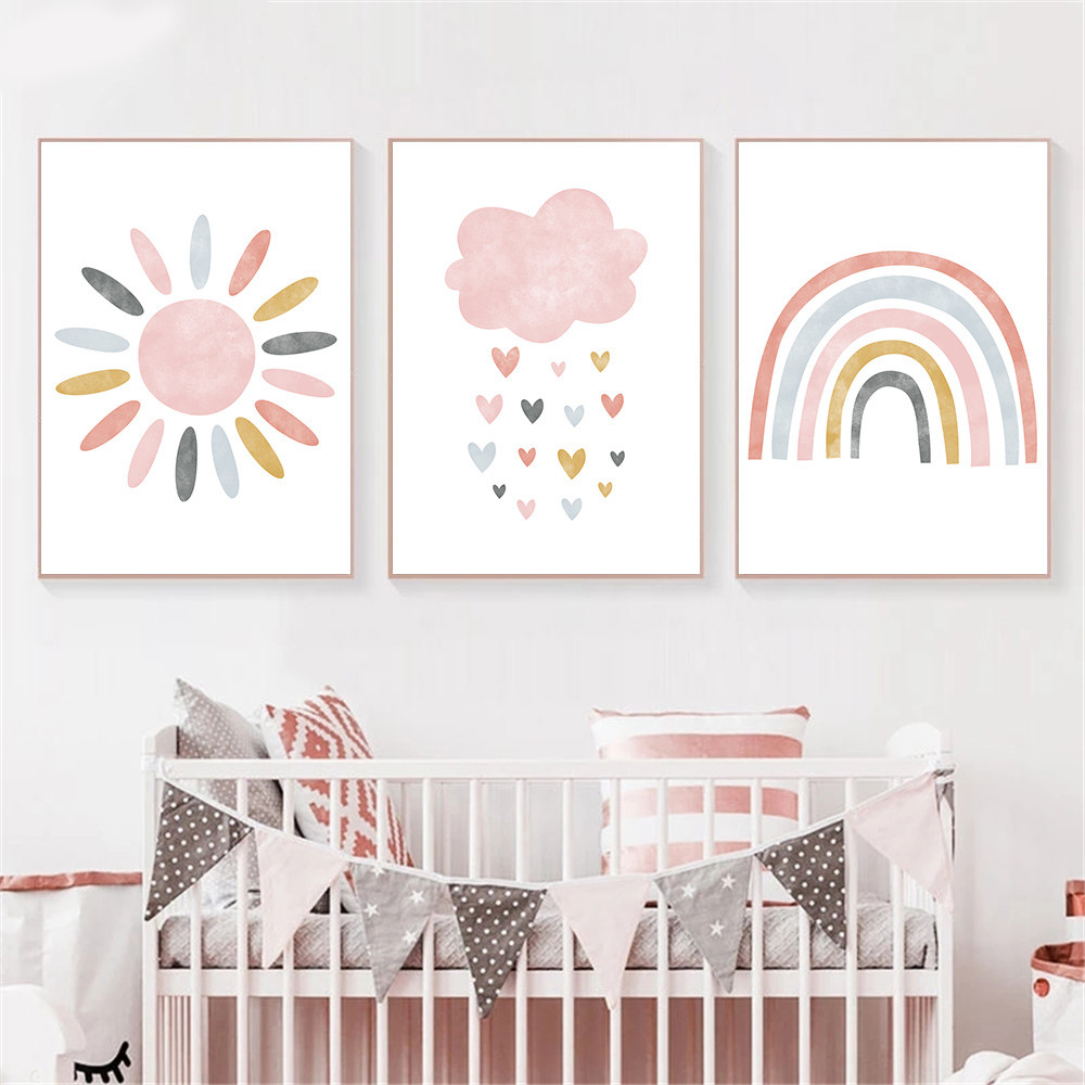 Baby Nursery Pink - (フレームなし)子供用キャンバスプリント ピンクの漫画雲 太陽 虹 ウォールアート絵画 保育園ポスター