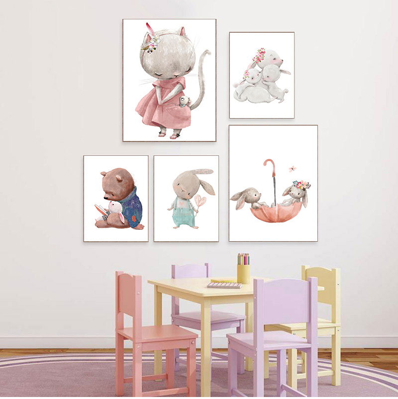 Baby Nursery Posters - 1PC フレームレス装飾アートプリント、クマウサギアートキャンバスプリントベビーバニーポスター保育園絵画花動物ウォールアートノルディ