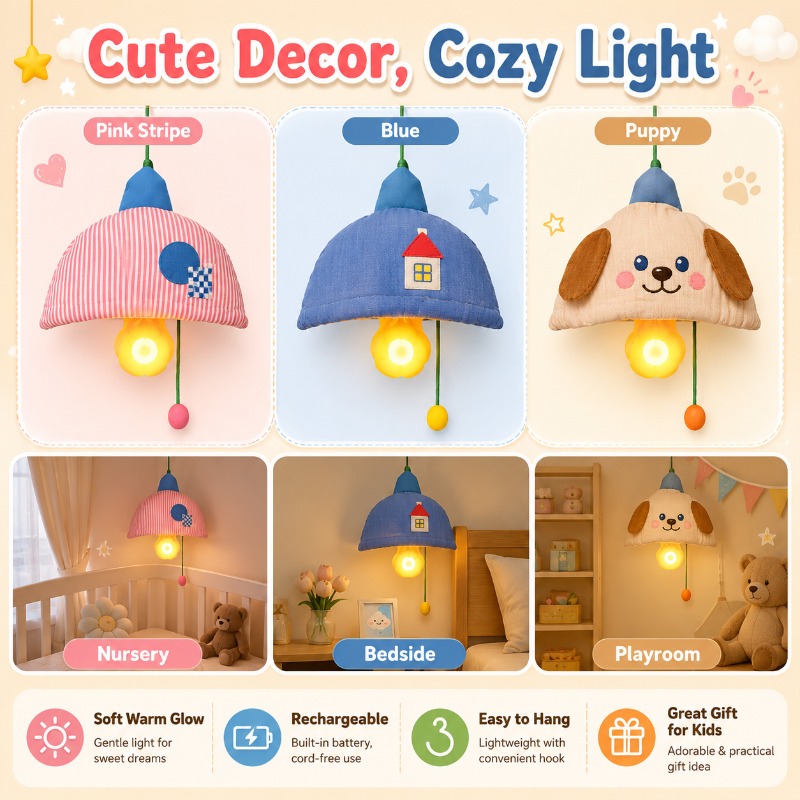Baby Nursery Light Shade - 充電式吊り下げナイトライトファブリックシェードプルコードベッドサイドランプ赤ちゃんの授乳用子供の寝室保育園装飾照明