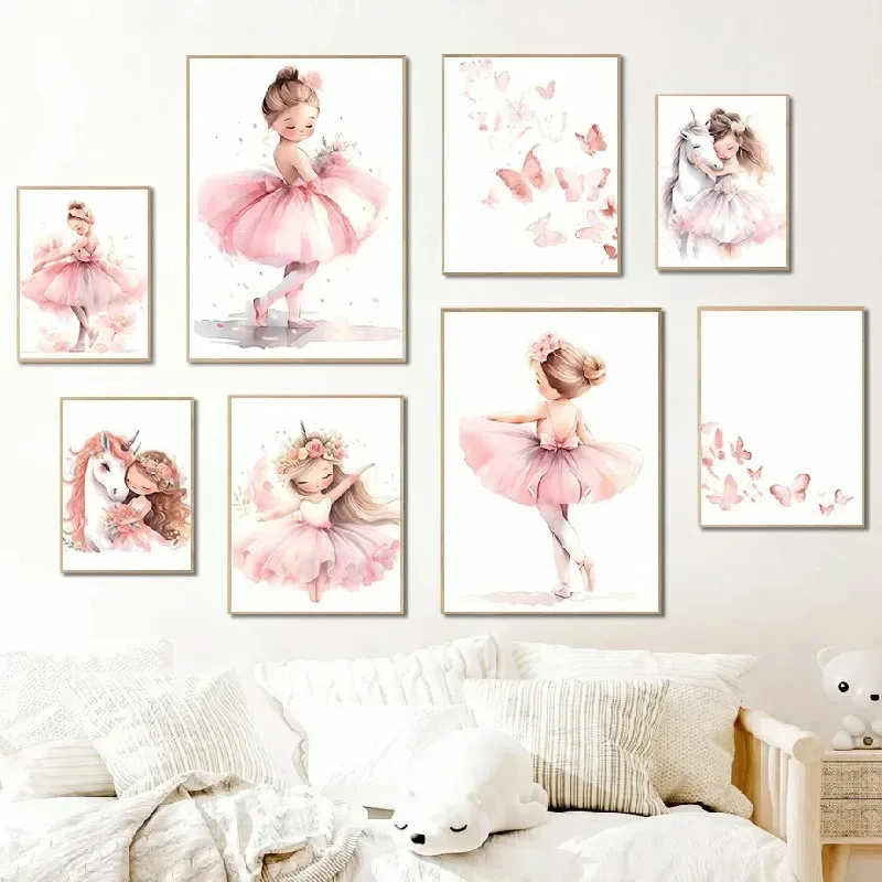Baby Nursery Pink - ピンクのバレリーナガールユニコーン蝶ポスター子供部屋装飾キャンバスポスター保育園壁アートポスターベビー寝室の装飾