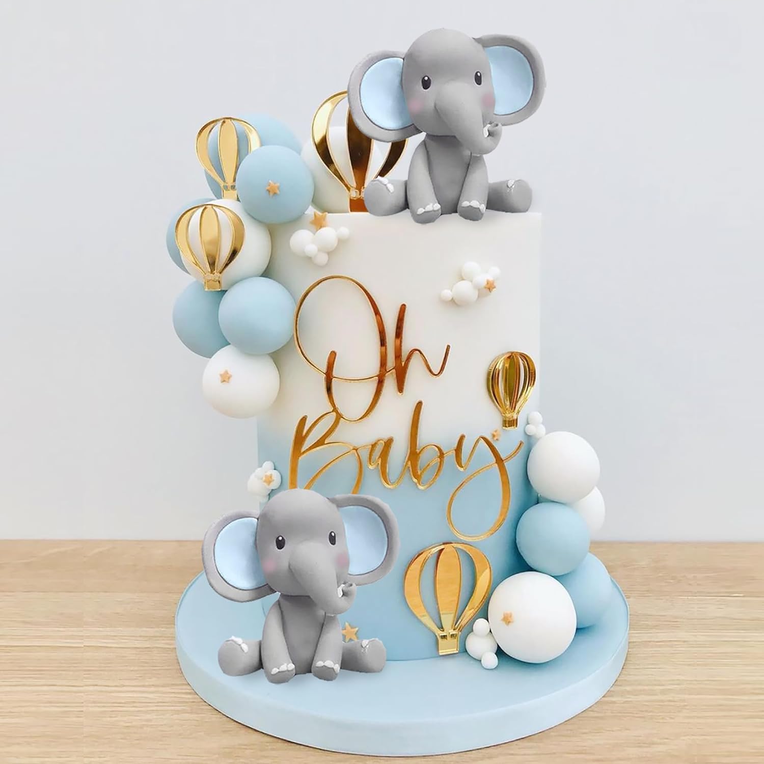 Baby Nursery Hot Air Balloon - 象のケーキデコレーション ベビーケーキトッパー 青白のパールボール 熱気球 ベビーシャワー 象のテーマ