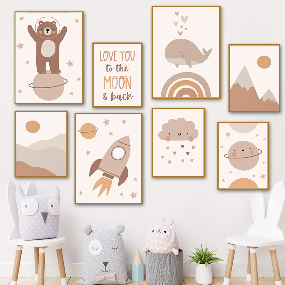 Baby Nursery Posters - ボヘミアンスタイルのクマ、クジラ、ロケット、惑星、太陽、虹をモチーフにした保育園用ウォールアート、キャンバス絵画、北欧風ポスターとプリント、赤ちゃん子供部屋の装飾