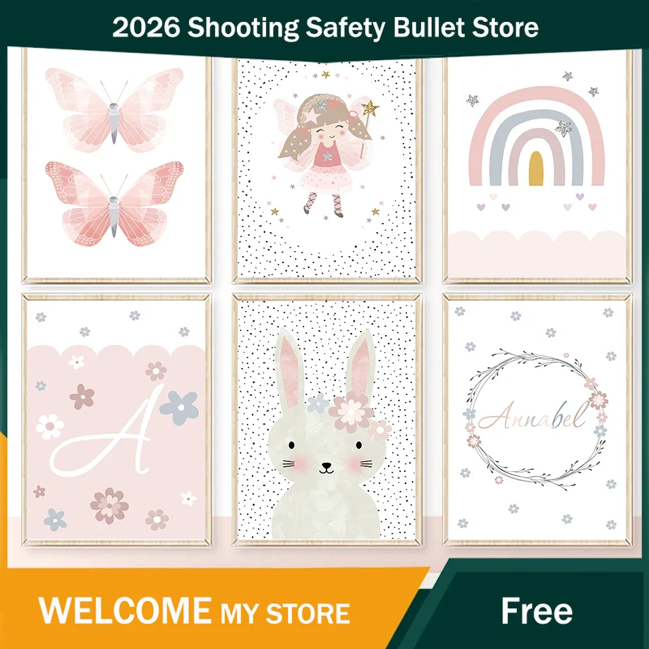 Baby Nursery Posters - かわいい女の子ウサギ花蝶虹壁アートキャンバス絵画保育園ポスターとプリント壁の絵ベビーキッズルームデコレーション
