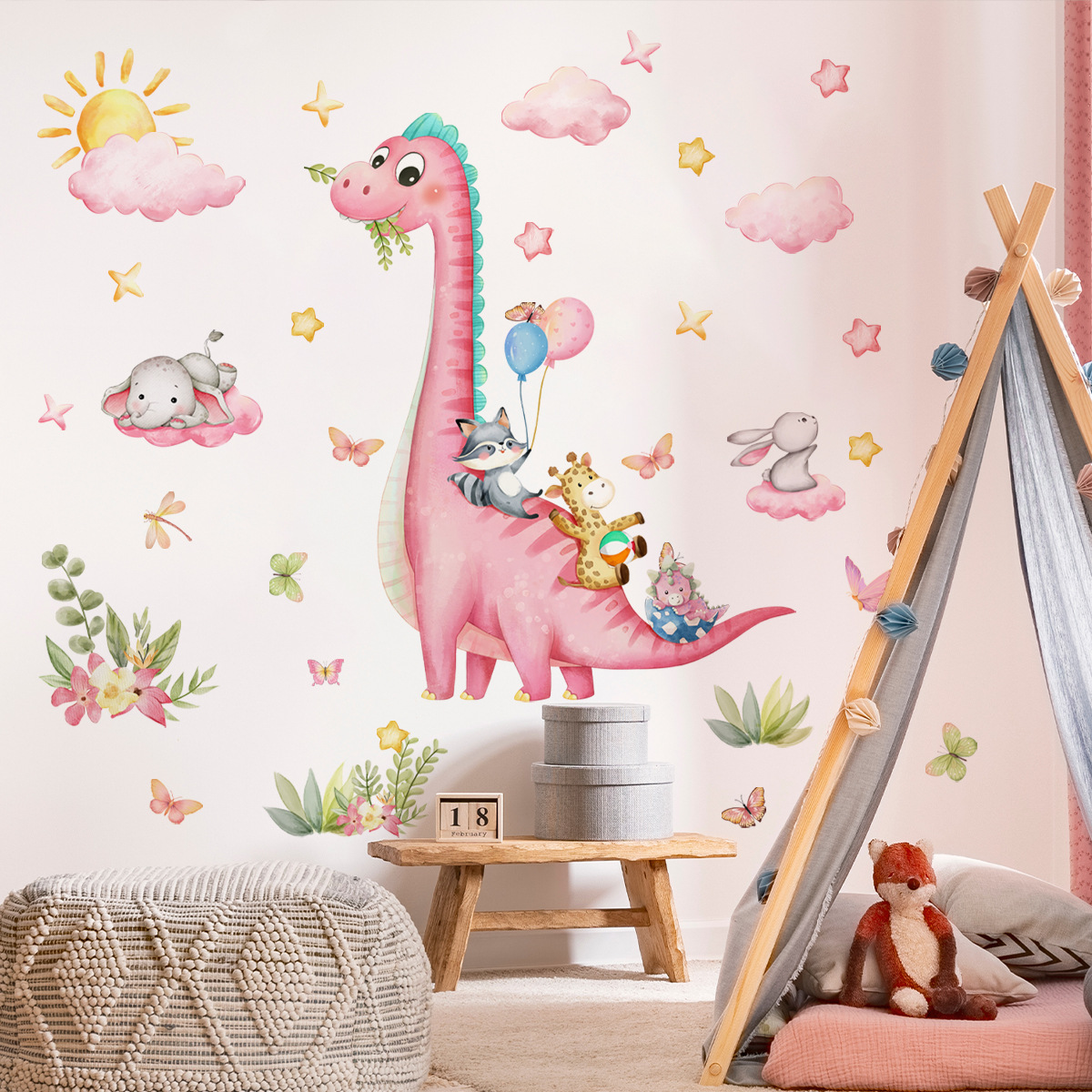 Baby Nursery Pink - 大きな漫画の恐竜のウォールステッカー,ビニール,雲,星,子供部屋,赤ちゃんの寝室,保育園の壁の装飾,動物公園,ピンク