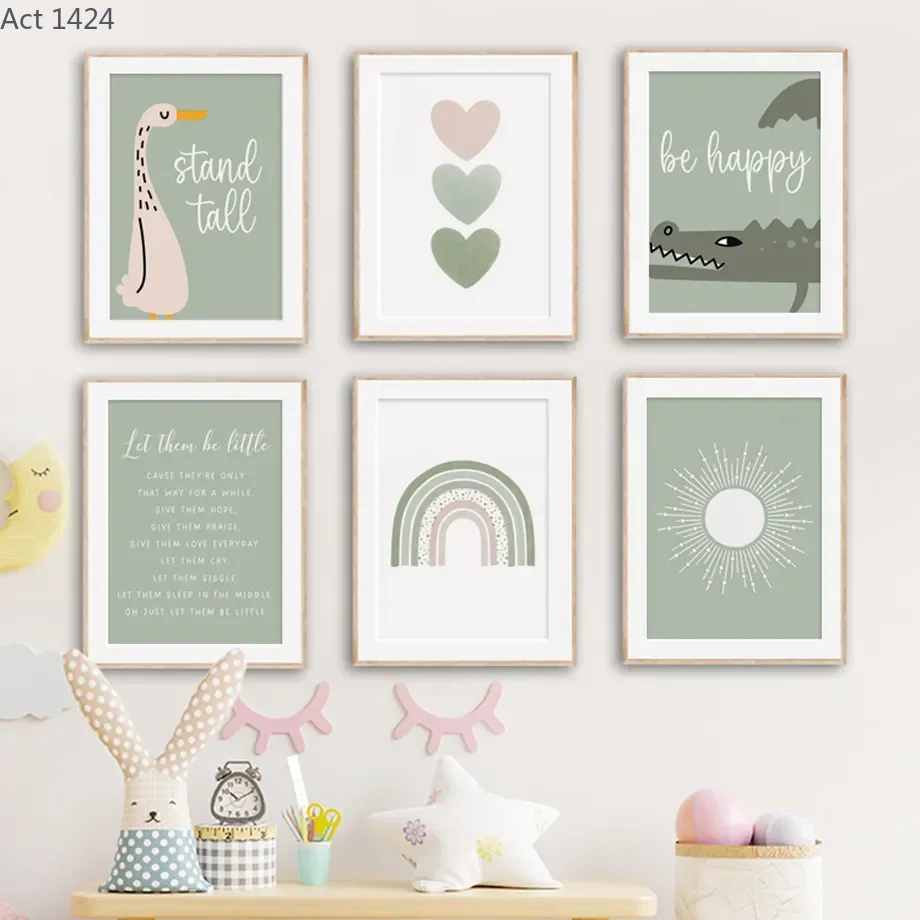 Baby Nursery Green - ライトグリーン漫画ワニガチョウ太陽虹保育園壁アートキャンバス絵画とプリント壁の絵赤ちゃん子供部屋デコ