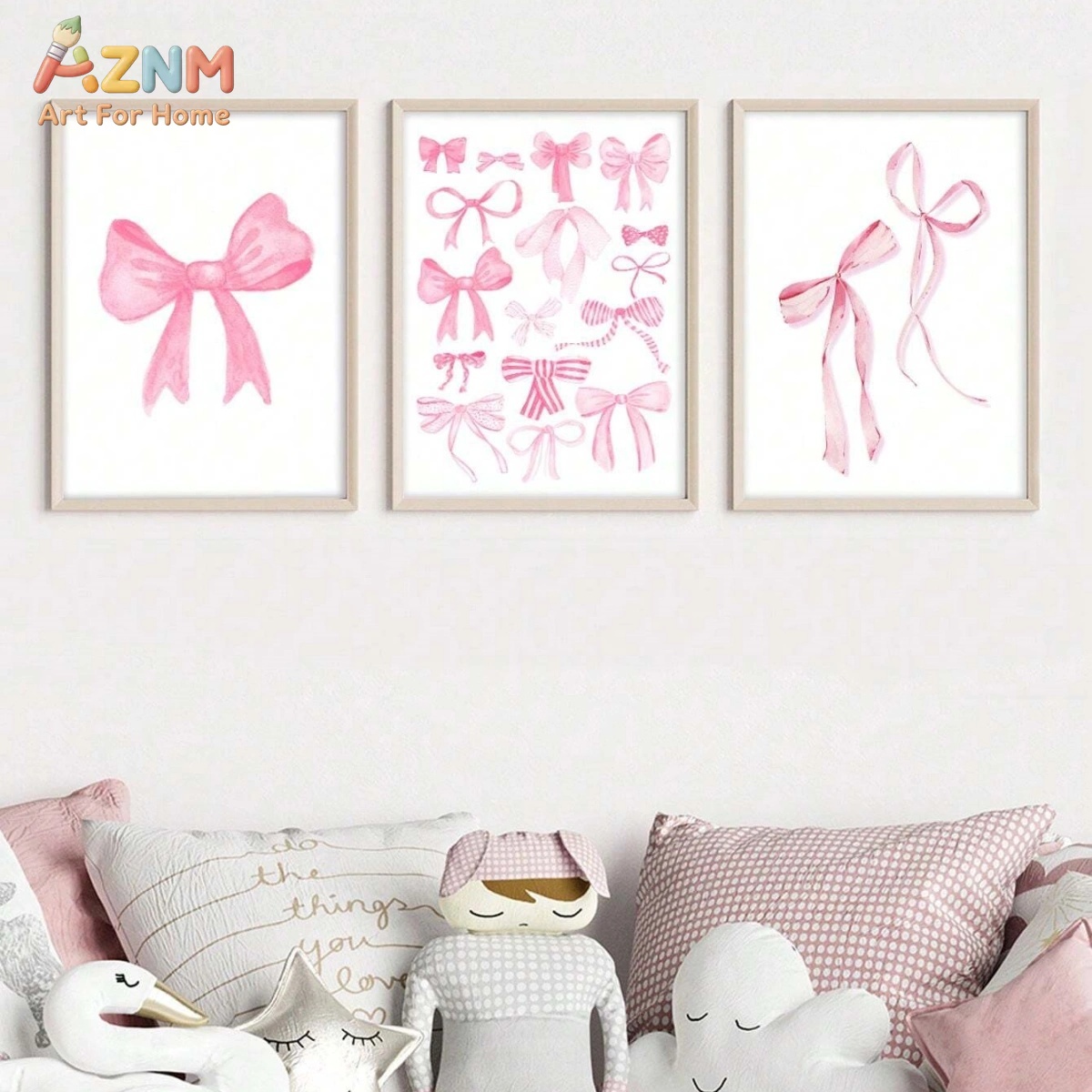 Baby Nursery Pink - 3 個ピンク水彩弓キャンバス壁アートセットかわいいコケットスタイルリボンプリントポスターミニマリスト女の赤ちゃん保育園装飾フレームなし