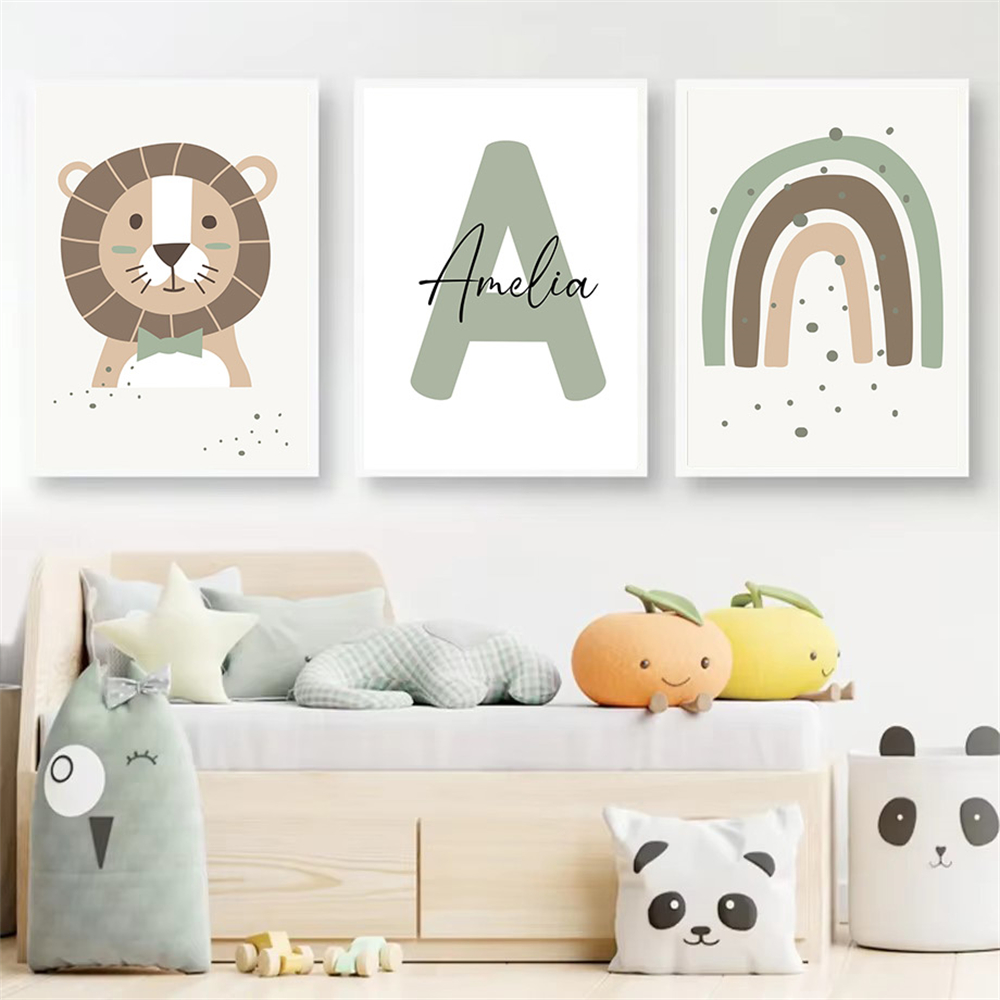 Baby Nursery Green - ライオンキャンバスプリントカスタムネームウォールポスターレインボーアート絵画漫画セージグリーン保育園ウォールアート絵画ベビーキッズルームデコレーション