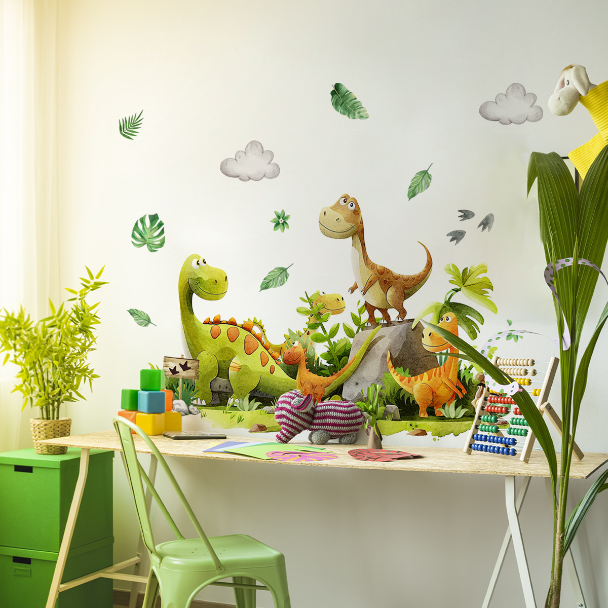 Baby Nursery Green - 子供部屋,赤ちゃんの寝室,保育園,教室,装飾用のビニールステッカー,緑の葉,恐竜の漫画のステッカー