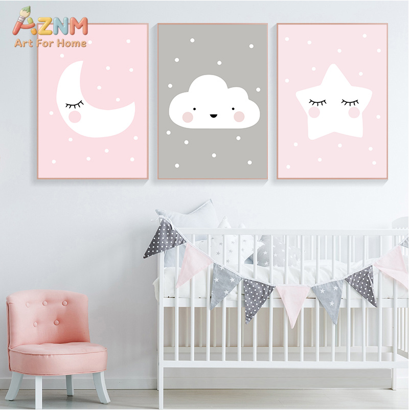Baby Nursery Pink - AZNM かわいい漫画ムーンクラウドスターキャンバスプリント非フレーム壁アートピンクグレーニュートラル女の赤ちゃん保育園装飾ポスター