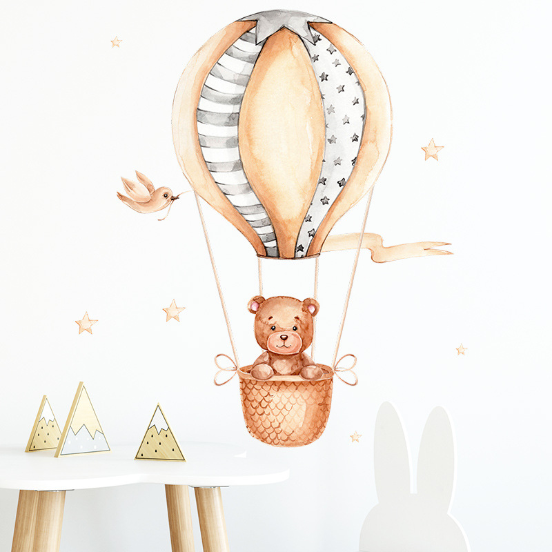 Baby Nursery Hot Air Balloon - リトルベア熱気球ウォールステッカーキッズルーム家の装飾リビングルームベビーベッドルーム漫画壁紙保育園ステッカー