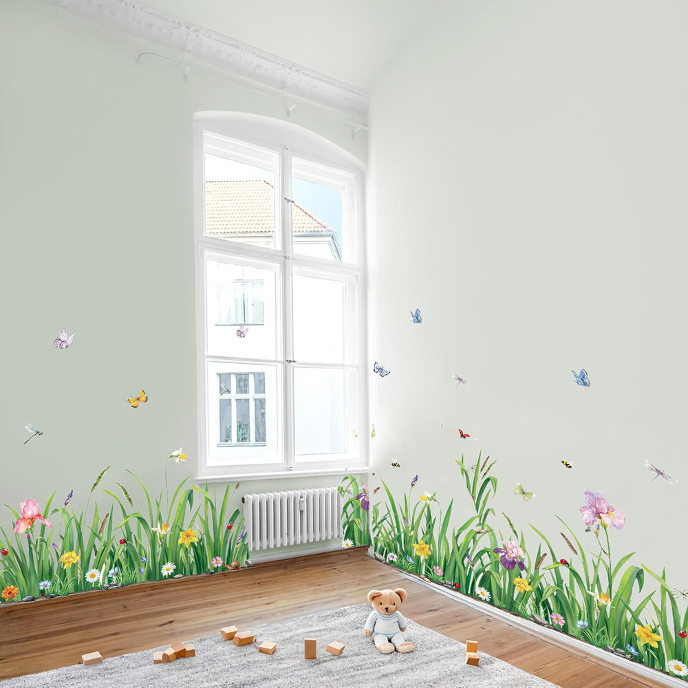 Baby Nursery Green - 緑の草の花ボラデールウォールステッカーベビーナーサリーキッズルーム植物蝶屋上つる壁デカールバスルームキッチン