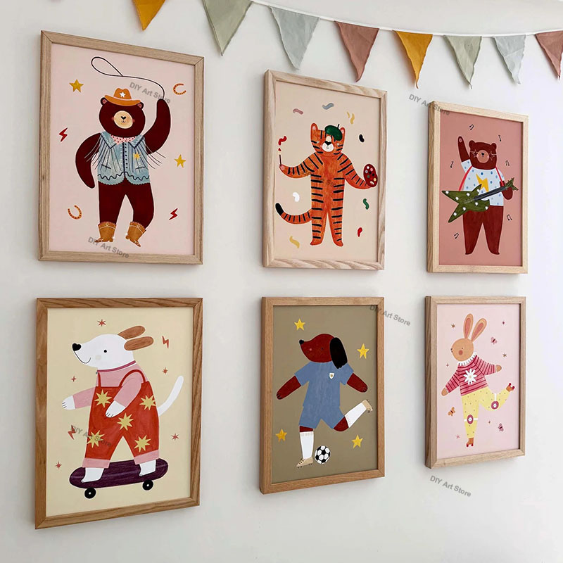 Baby Nursery Posters - 面白い漫画の動物の保育園用ウォールアートキャンバス絵画、クマ、トラ、ウサギ、ネズミ、犬のポスター＆プリント、赤ちゃん子供部屋の装飾