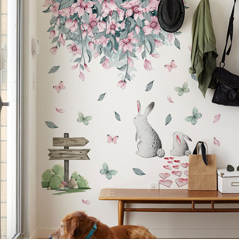 Baby Nursery Green - ピンクの花、緑の葉、かわいいウサギ、蝶のウォールステッカー、自己粘着式、ベビー部屋、女の子の部屋、保育園の背景の壁の装飾用