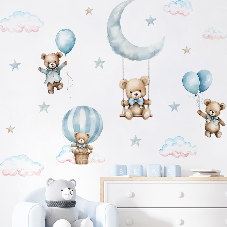 Baby Nursery Hot Air Balloon - 水彩クマ熱気球雲ウォールステッカーブルーカラーキッズルームベビー保育園ルームウォールステッカー男の子ルームステッカー