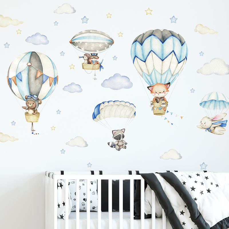 Baby Nursery Hot Air Balloon - 漫画かわいい動物熱気球ウォールステッカーキッズルームベビー保育園ルーム壁飾り寝室の装飾家の装飾 PVC
