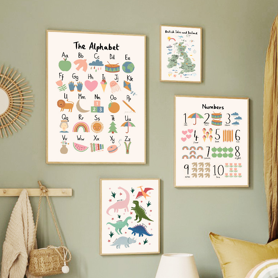 Baby Nursery Posters - 動物世界地図恐竜アルファベット番号キャンバス壁アート絵画ポスタープリントベビーキッズ保育園ルーム家の装飾絵画