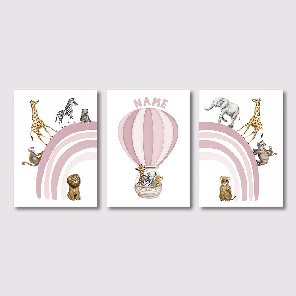Baby Nursery Hot Air Balloon - 3枚組サファリ動物のキャンバスプリント、ピンクの虹色の熱気球アート、女の子の赤ちゃんや子供の寝室の壁飾り用