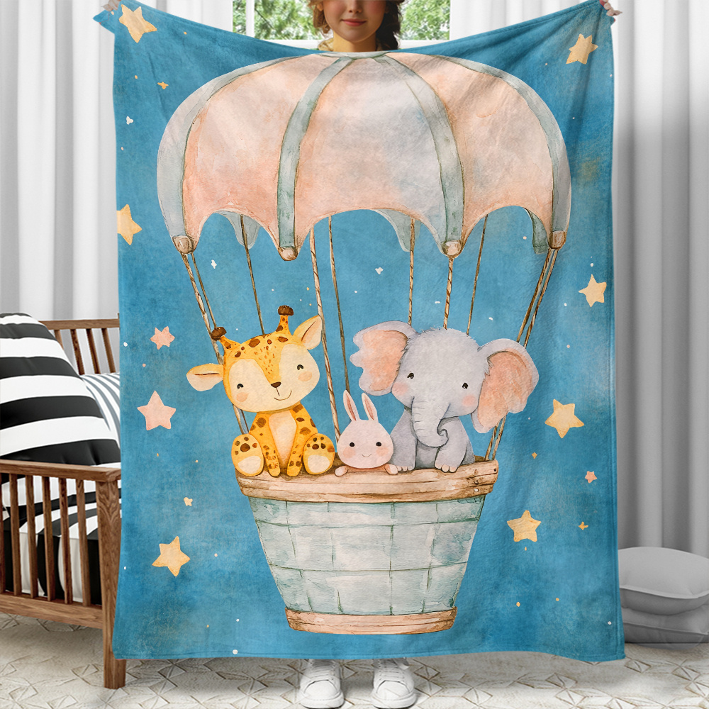 Baby Nursery Hot Air Balloon - かわいい動物たち、熱気球、星空、キリン、ゾウ、ウサギ、フランネルブランケット、ベビー保育園の装飾、柔らかいぬいぐるみブランケット、子供用