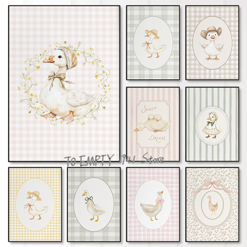 Baby Nursery Posters - 愚かな小さなガチョウ保育園アヒルギンガムチェック柄農場動物ガチョウアヒル赤ちゃんポスターキャンバス絵画壁の写真ホーム保育園ルームデコレーション