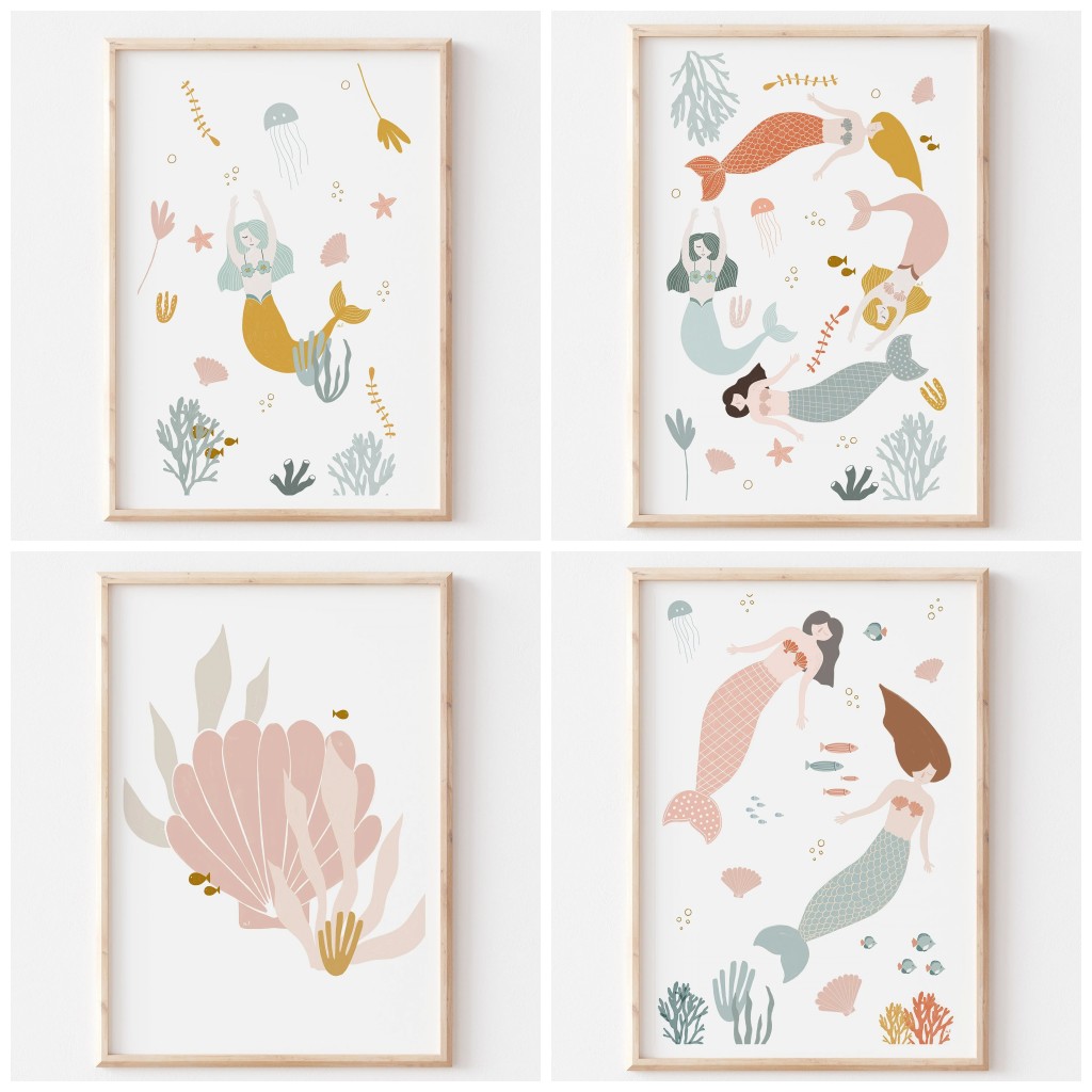 Baby Nursery Pink - ボヘミアンスタイルの保育園、海をテーマにしたピンクの貝殻プリントウォールアート、人魚キャンバスポスター写真、女の子の部屋の寝室の装飾
