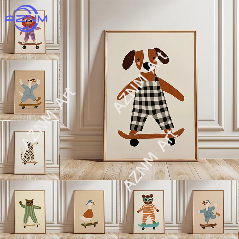 Baby Nursery Posters - 1PC 面白い動物スケートボードポスタートレンディなガチョウアヒル犬スケートキャンバス絵画壁アートベビー保育室家の装飾用