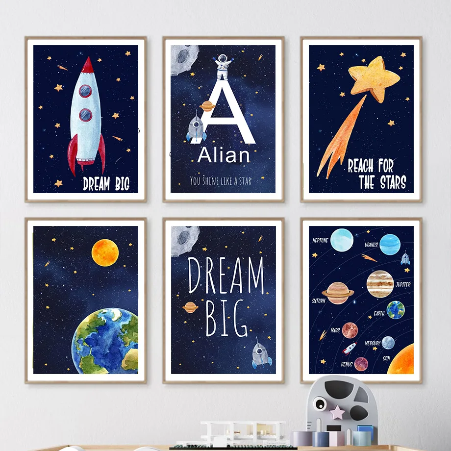 Baby Nursery Posters - 1pc キャンバス絵画カスタム名キッズルーム装飾壁アートプリント宇宙宇宙飛行士インテリアポスターベビーキャンバス装飾