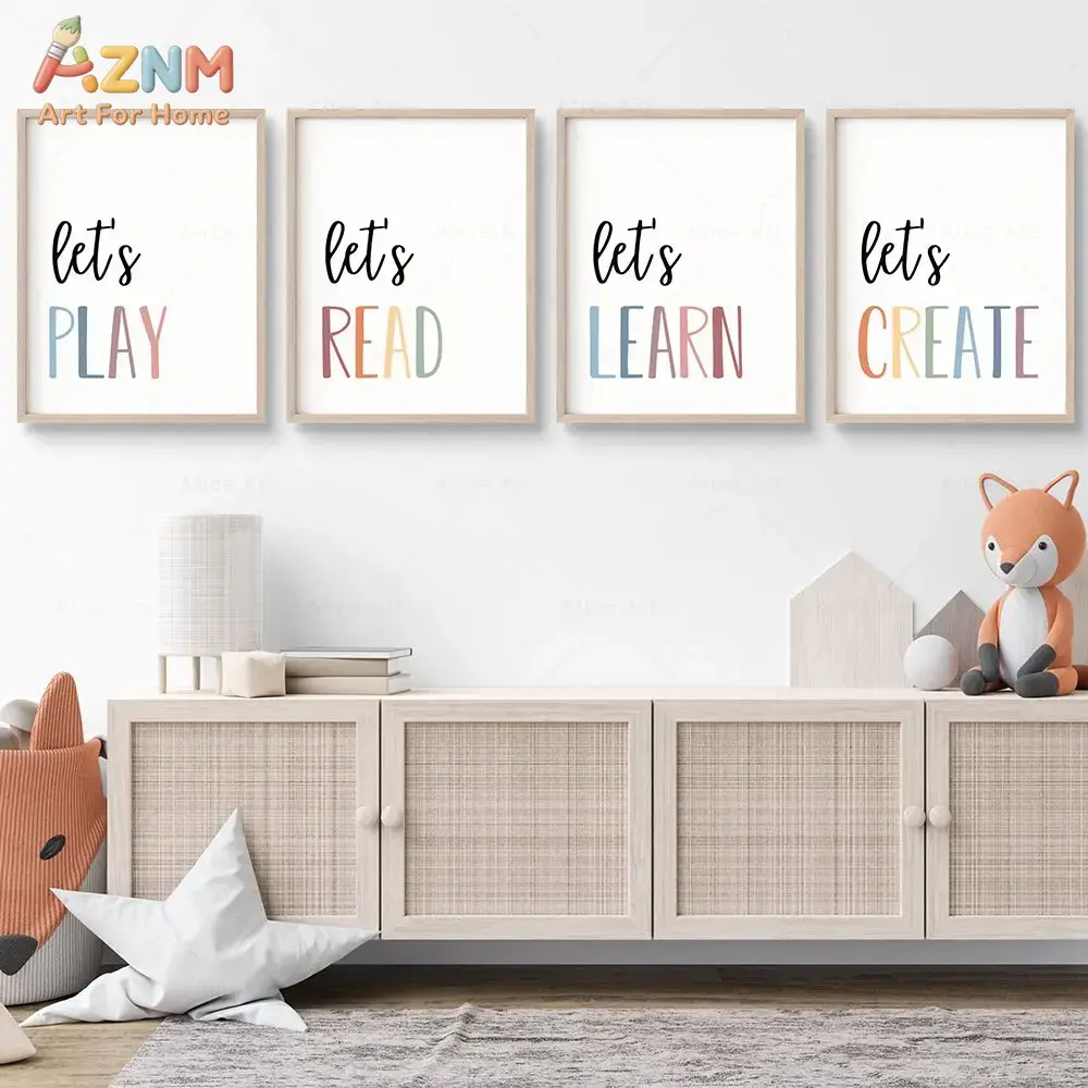 Baby Nursery Green - 遊んで読んで学んで緑を彩りましょう、漫画風ボヘミアン保育園ウォールアートキャンバス絵画プレイルームポスタープリントキッズルームベビーデコレーション