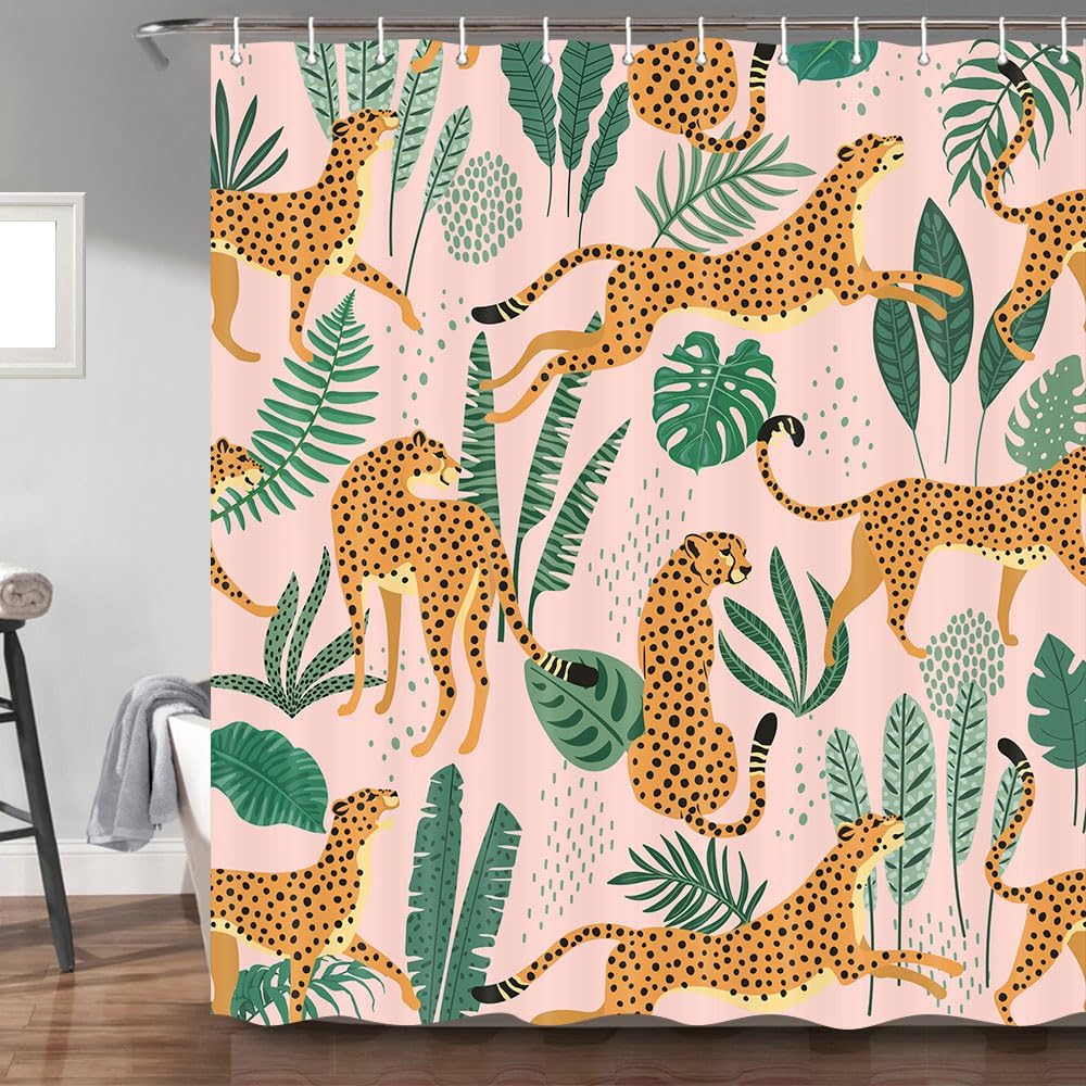 Baby Nursery Green - ピンクのチーターと緑の葉模様の防水シャワーカーテン 180x200cm - ジャングルアニマルプリントのバスカーテン 子供部屋の装飾用