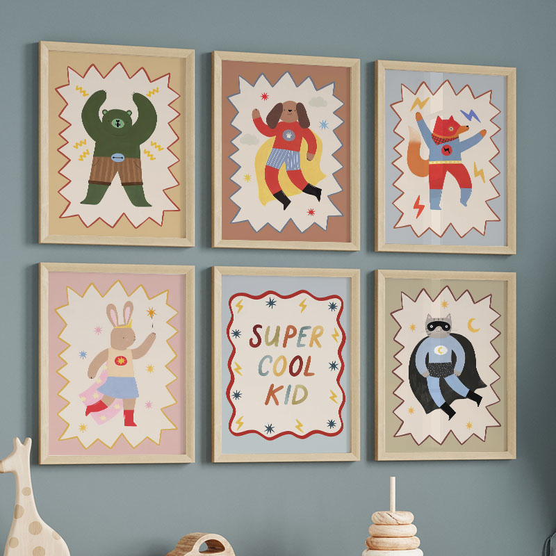 Baby Nursery Posters - 面白い漫画の超クールな子供部屋の壁飾りキャンバス絵画、クマ、ウサギ、キツネのポスター＆プリント、赤ちゃん子供部屋の装飾用絵画