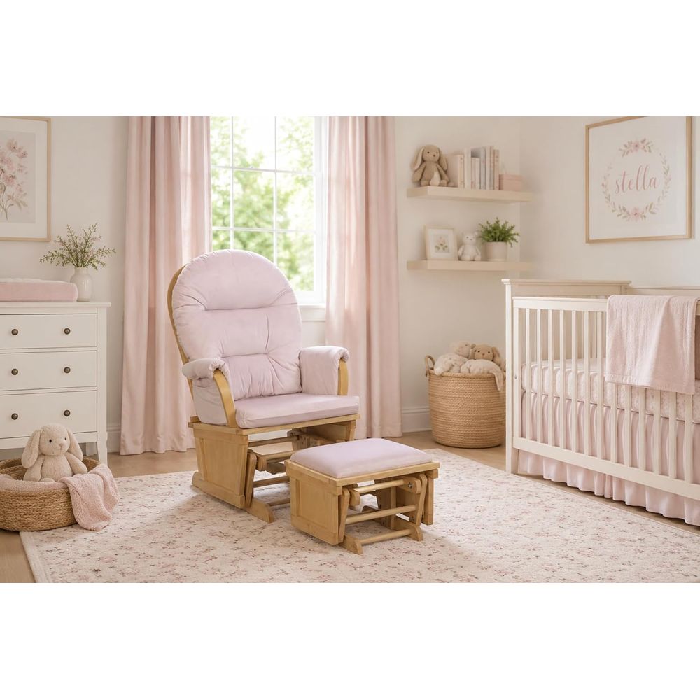 Baby Nursery Pink - マディソンナーサリーロッキングチェア、オットマン付き、木製グライダーまたは授乳用、スムーズな滑り出しロッカー、天然木とピンクの生地