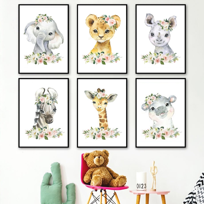 花柄ジャングル動物キャンバスプリント保育園装飾象キリン絵画壁 - Baby Nursery Posters のレビューと価格