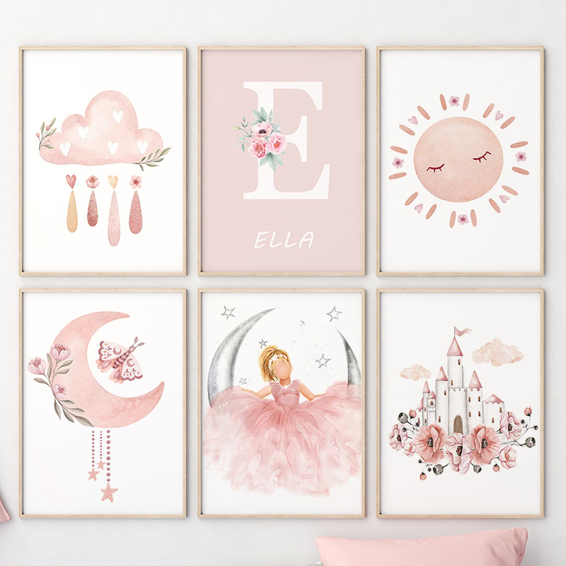 ピンクの天使の女の子日月雲白鳥城壁アート保育園キャンバス絵画 - Baby Nursery Pink のレビューと価格