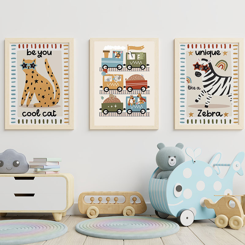 面白い漫画の動物、車、バス、保育園の壁飾り、キャンバス絵画、 - Baby Nursery Posters のレビューと価格