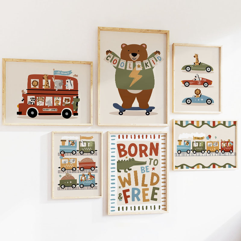 面白い漫画の動物、車、バス、保育園の壁飾り、キャンバス絵画、 - Baby Nursery Posters のレビューと価格