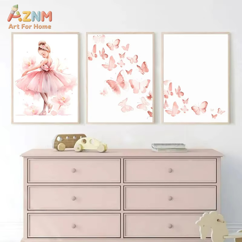 1PC、ピンクバレリーナガールユニコーン蝶ポスターキッズルー - Baby Nursery Pink のレビューと価格