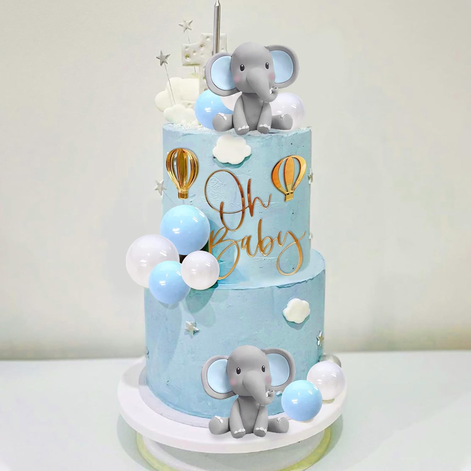 象のケーキデコレーション ベビーケーキトッパー 青白のパール - Baby Nursery Hot Air Balloon のレビューと価格