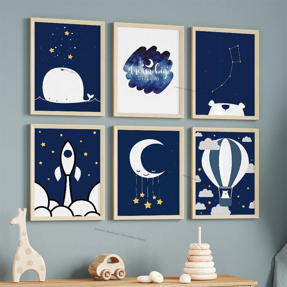 漫画熱気球ロケット月クマクジラ保育園壁アートキャンバス絵画ポ - Baby Nursery Hot Air Balloon のレビューと価格
