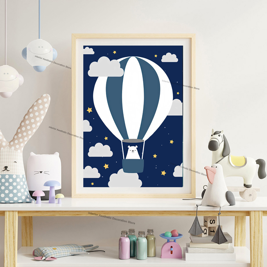 漫画熱気球ロケット月クマクジラ保育園壁アートキャンバス絵画ポ - Baby Nursery Hot Air Balloon のレビューと価格