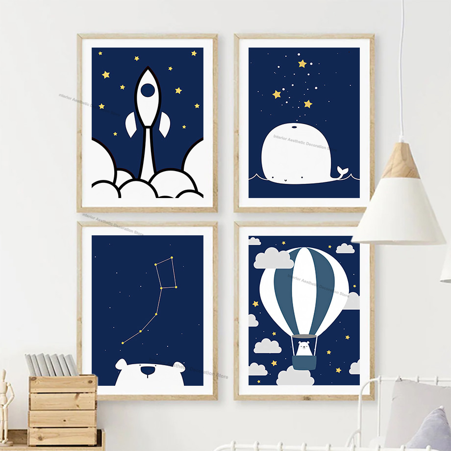 漫画熱気球ロケット月クマクジラ保育園壁アートキャンバス絵画ポ - Baby Nursery Hot Air Balloon のレビューと価格