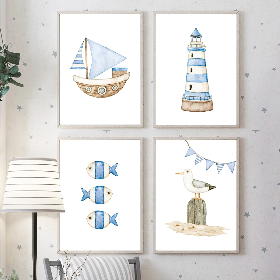 帆船灯台魚航海保育園ポスターとプリントキャンバス絵画北欧壁ア - Baby Nursery Posters のレビューと価格