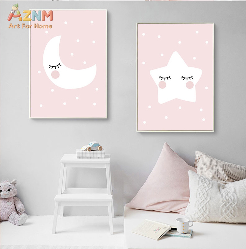 AZNM かわいい漫画ムーンクラウドスターキャンバスプリント - Baby Nursery Pink のレビューと価格