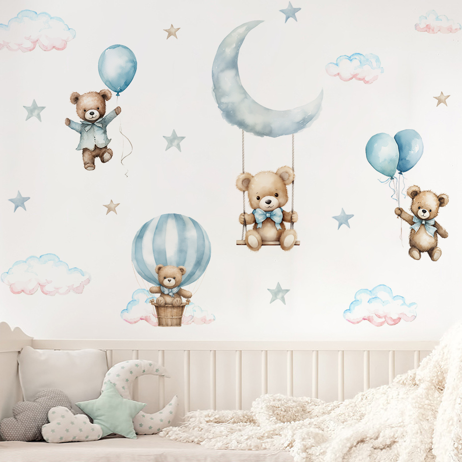 水彩クマ熱気球雲ウォールステッカーブルーカラーキッズルームベ - Baby Nursery Hot Air Balloon のレビューと価格