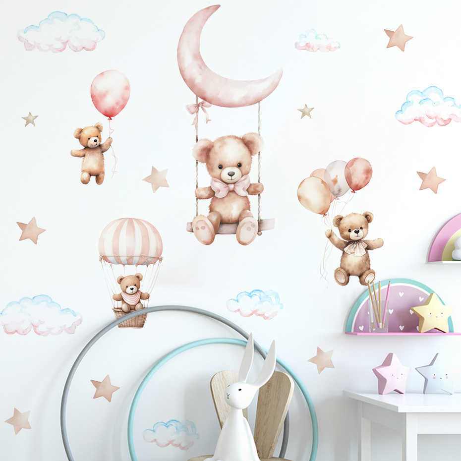 水彩クマ熱気球雲ウォールステッカーブルーカラーキッズルームベ - Baby Nursery Hot Air Balloon のレビューと価格