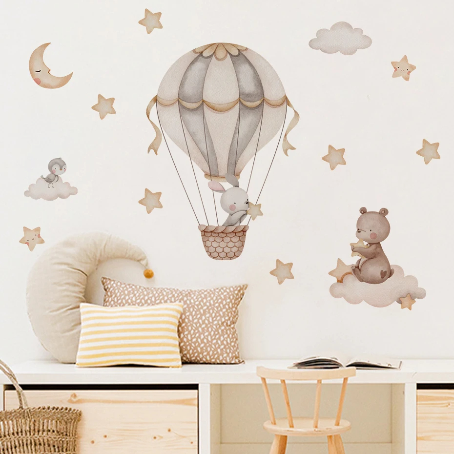 水彩クマ熱気球雲ウォールステッカーブルーカラーキッズルームベ - Baby Nursery Hot Air Balloon のレビューと価格