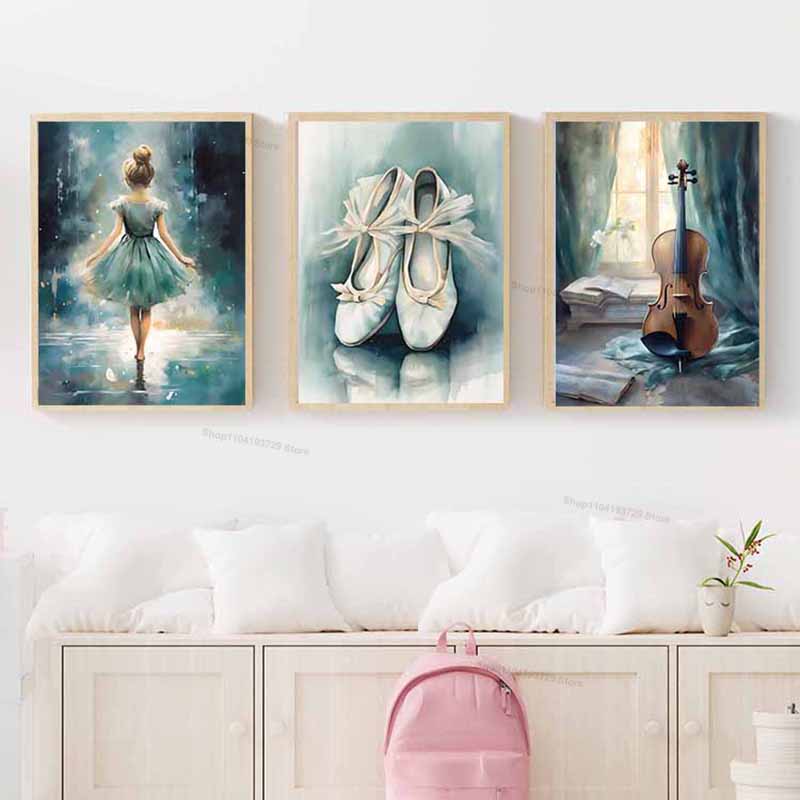 水彩バレエ少女靴チェロ保育園壁アートキャンバス絵画北欧ポスタ - Baby Nursery Posters のレビューと価格