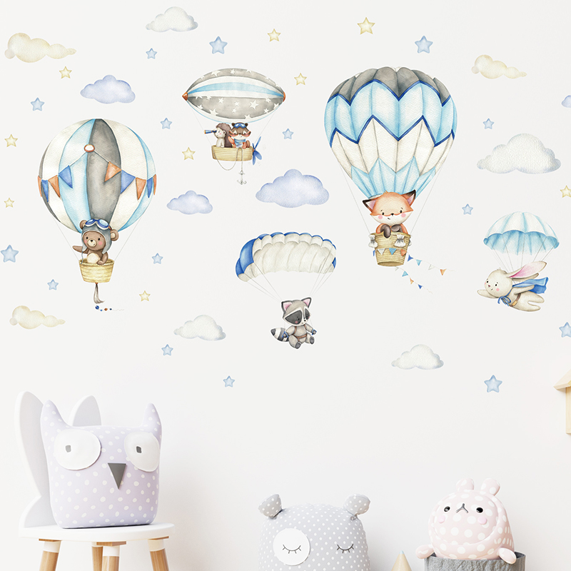 漫画かわいい動物熱気球ウォールステッカーキッズルームベビー保 - Baby Nursery Hot Air Balloon のレビューと価格