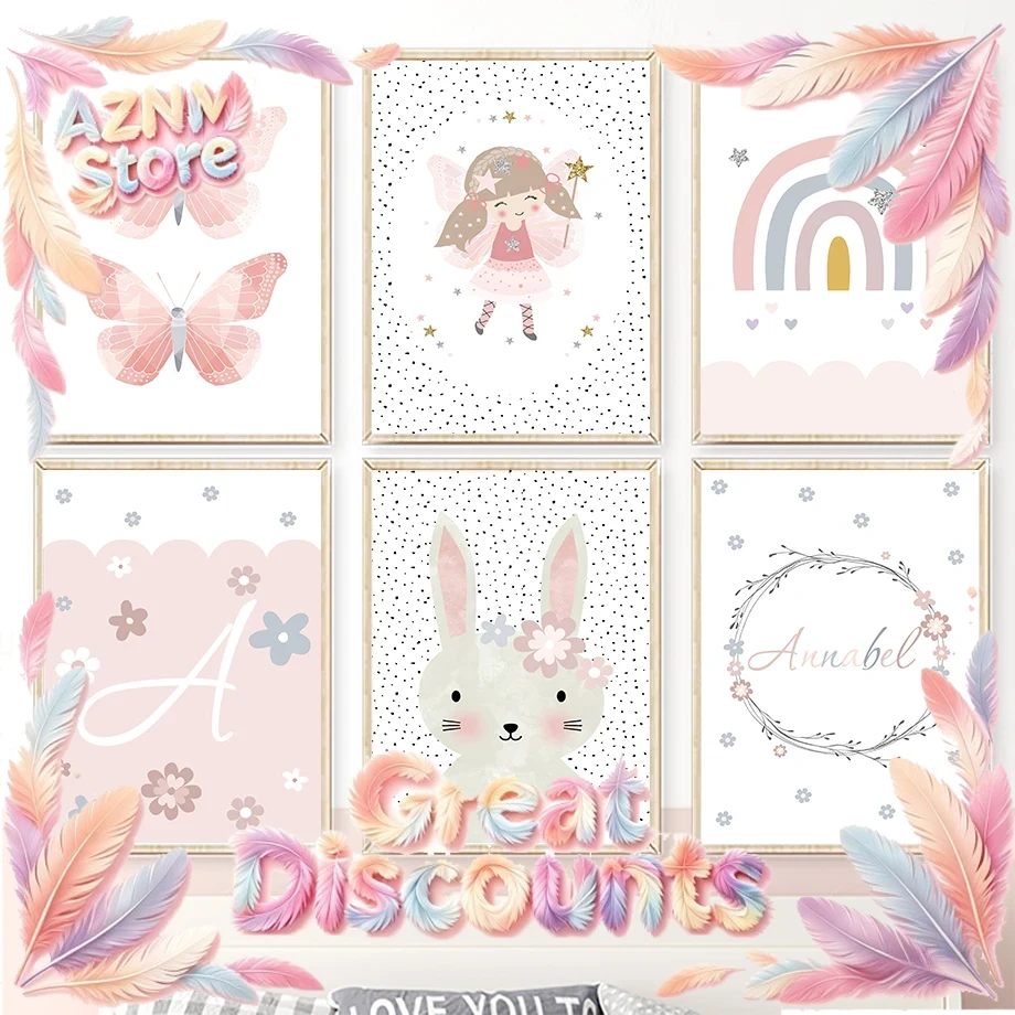 かわいい女の子、ウサギ、花、蝶、虹のウォールアートキャンバス - Baby Nursery Posters のレビューと価格